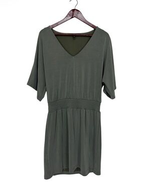 White House Black Market Sage Green V-Neck Dress With Wide Draped Short Sleeves